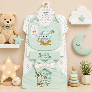 LOLYPOP 11 PCS NEWBORN BABY STARTER GIFT SET – LION EMBROIDERED DESIGN (MINT GREEN)