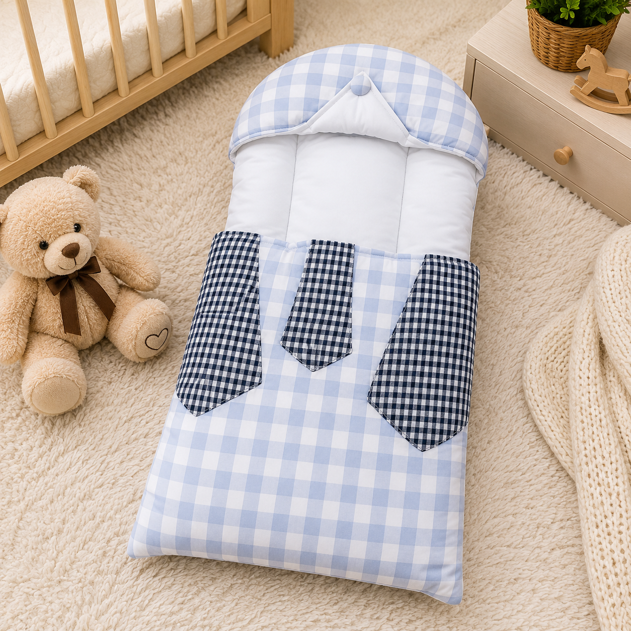 CHECKERED COTTON POLYESTER BABY CARRY NEST WITH SHIRT DESIGN - GREY