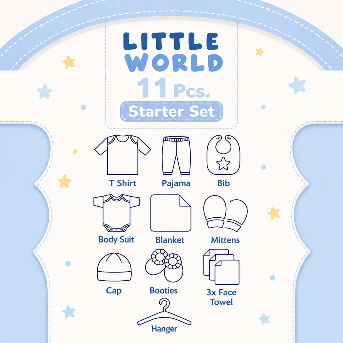 LITTLE WORLD 11 PCS NEWBORN BABY STARTER GIFT SET – PANDA EMBROIDERED DESIGN (BABY BLUE)