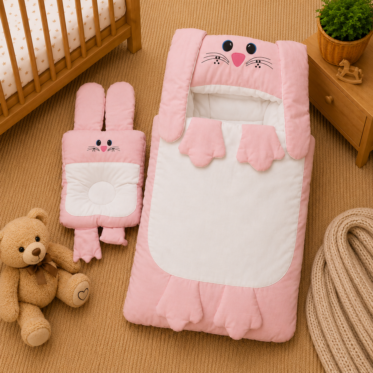PREMIUM BABY HOODED SLEEPING BAG SET – CUTE BUNNY DESIGN (PINK & WHITE)