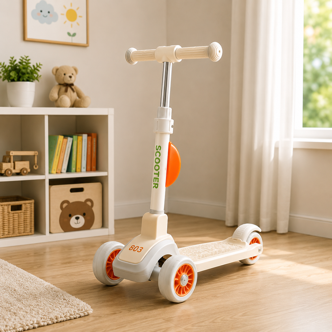 KIDS FOLDING GLIDER SCOOTER WITH STORAGE BASKET - BEIGE