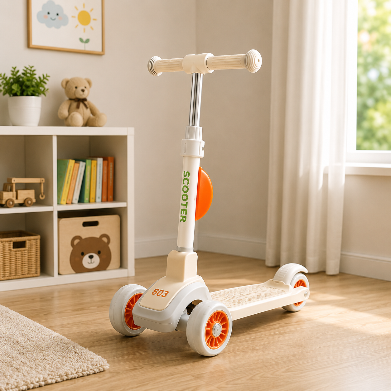 KIDS FOLDING GLIDER SCOOTER WITH STORAGE BASKET - BEIGE