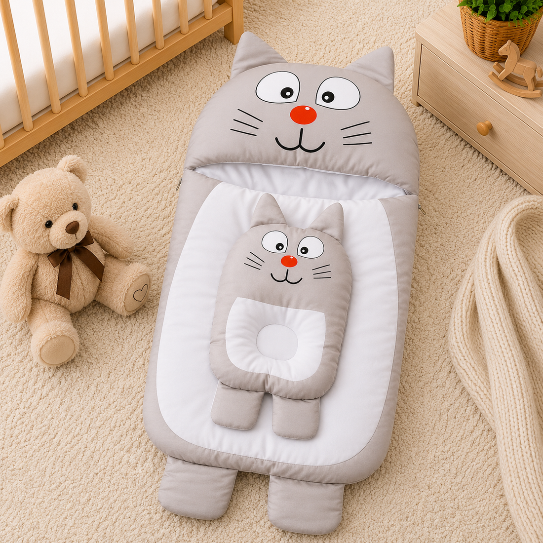 CAT DESIGN COTTON POLYESTER BABY SLEEPING BAG WITH MATCHING PILLOW - GREY