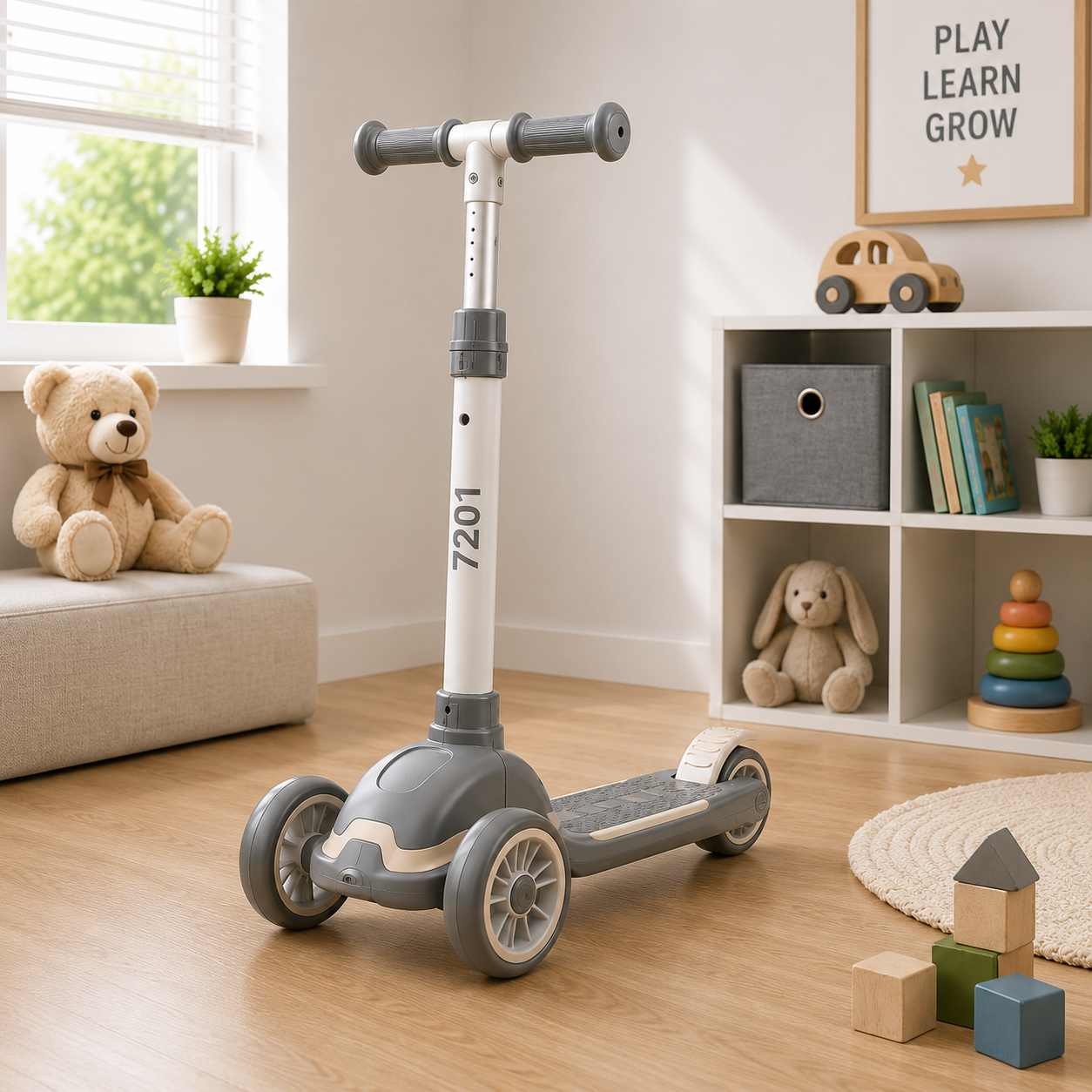 KIDS BALANCE SCOOTER WITH SEAT AND FLASH WHEELS - GREY
