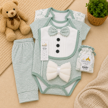 PREMIUM NEWBORN BABY STARTER GIFT SET – GENTLEMAN BOWTIE DESIGN (SAGE GREEN & WHITE)