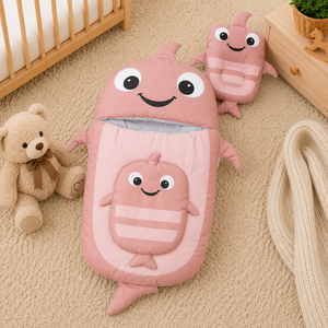 WHALE DESIGN COTTON POLYESTER BABY SLEEPING BAG WITH MATCHING PILLOW - LIGHT BROWN
