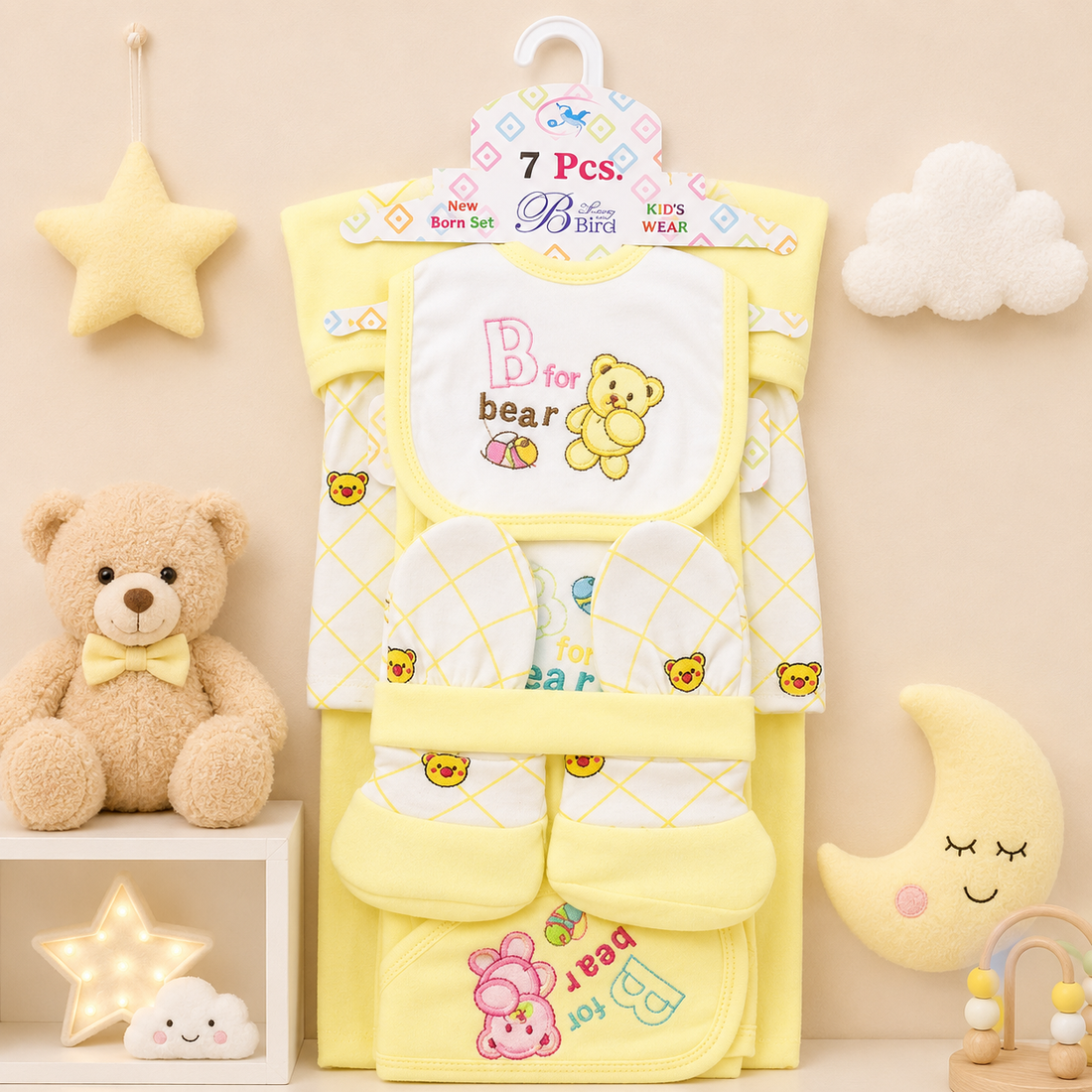 BLUE BIRD 7 PCS NEWBORN BABY GIFT SET – BEAR EMBROIDERED DESIGN (YELLOW)