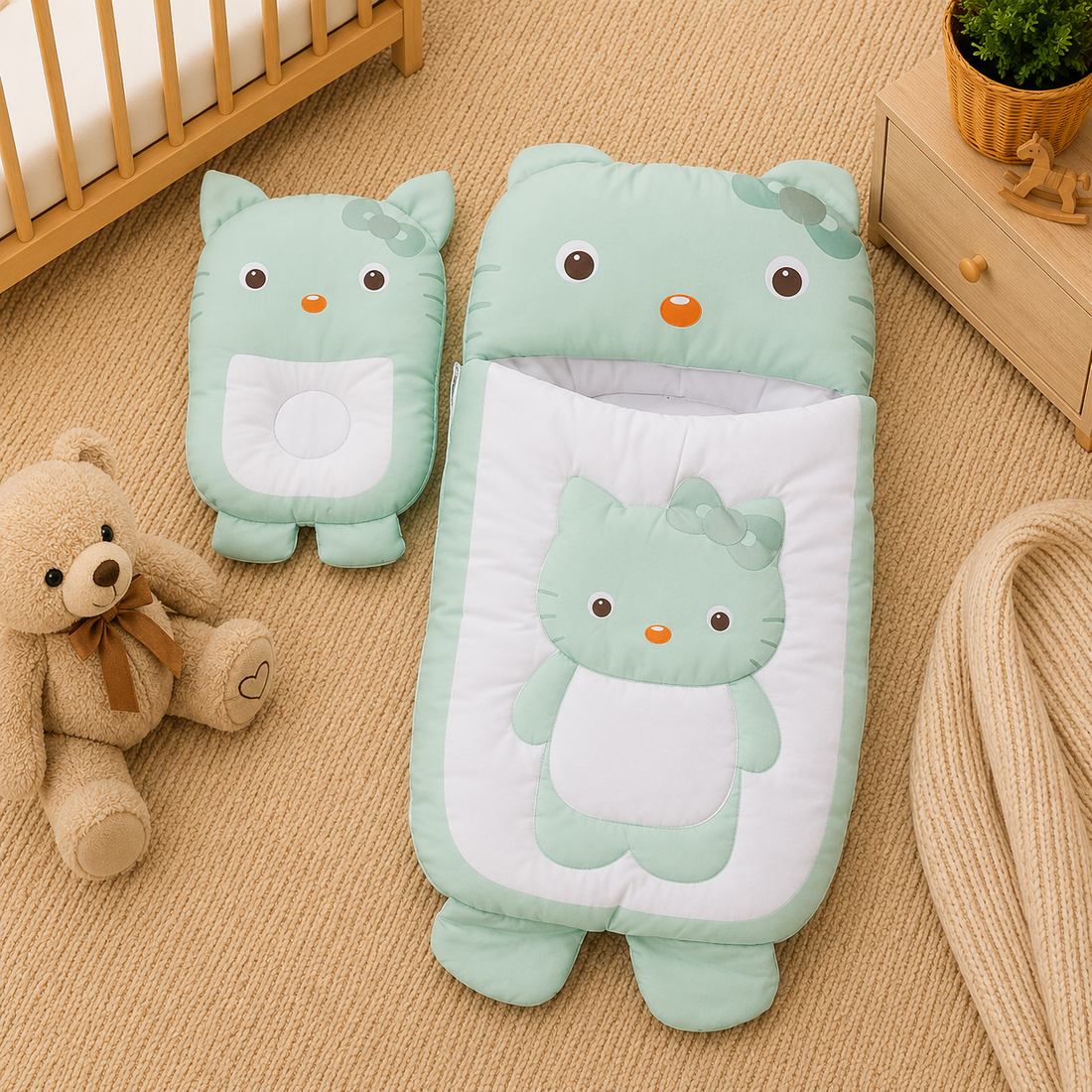 HELLO KITTY BABY SLEEPING BAG & PILLOW SET GREEN