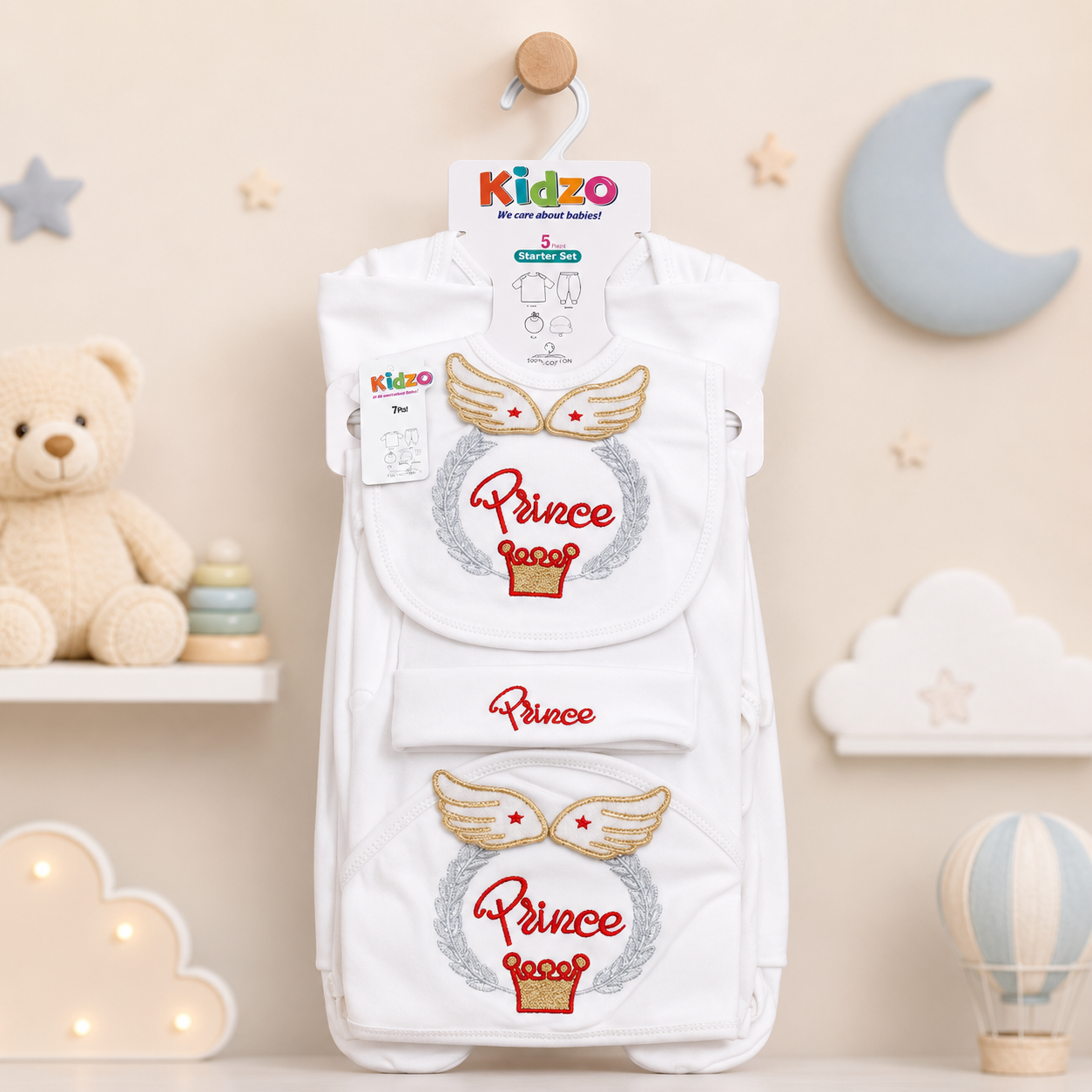 KIDZO 5 PCS NEWBORN BABY GIFT SET – PRINCE EMBROIDERED DESIGN (WHITE)