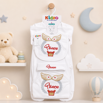 KIDZO 5 PCS NEWBORN BABY GIFT SET – PRINCE EMBROIDERED DESIGN (WHITE)