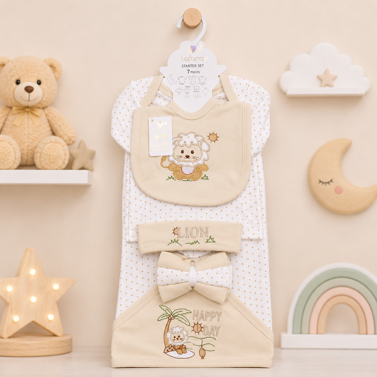 LOLYPOP 11 PCS NEWBORN BABY STARTER GIFT SET – LION EMBROIDERED DESIGN (CREAM)