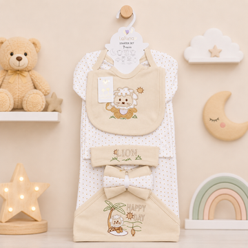 LOLYPOP 11 PCS NEWBORN BABY STARTER GIFT SET – LION EMBROIDERED DESIGN (CREAM)