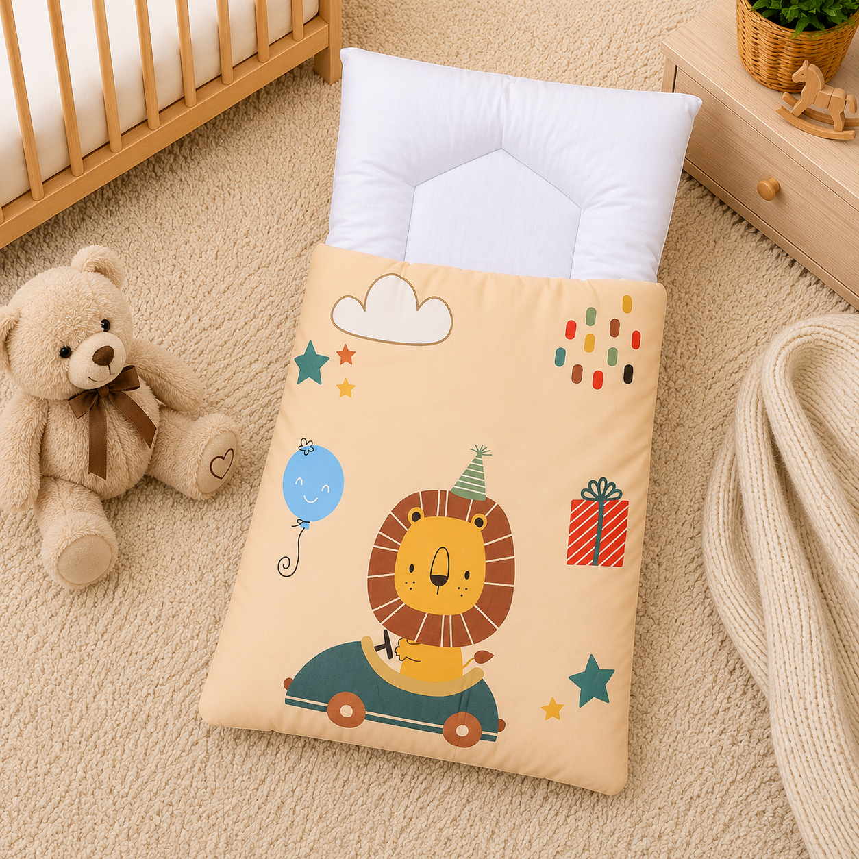 LION PRINT COTTON POLYESTER BABY CARRY NEST - BEIGE