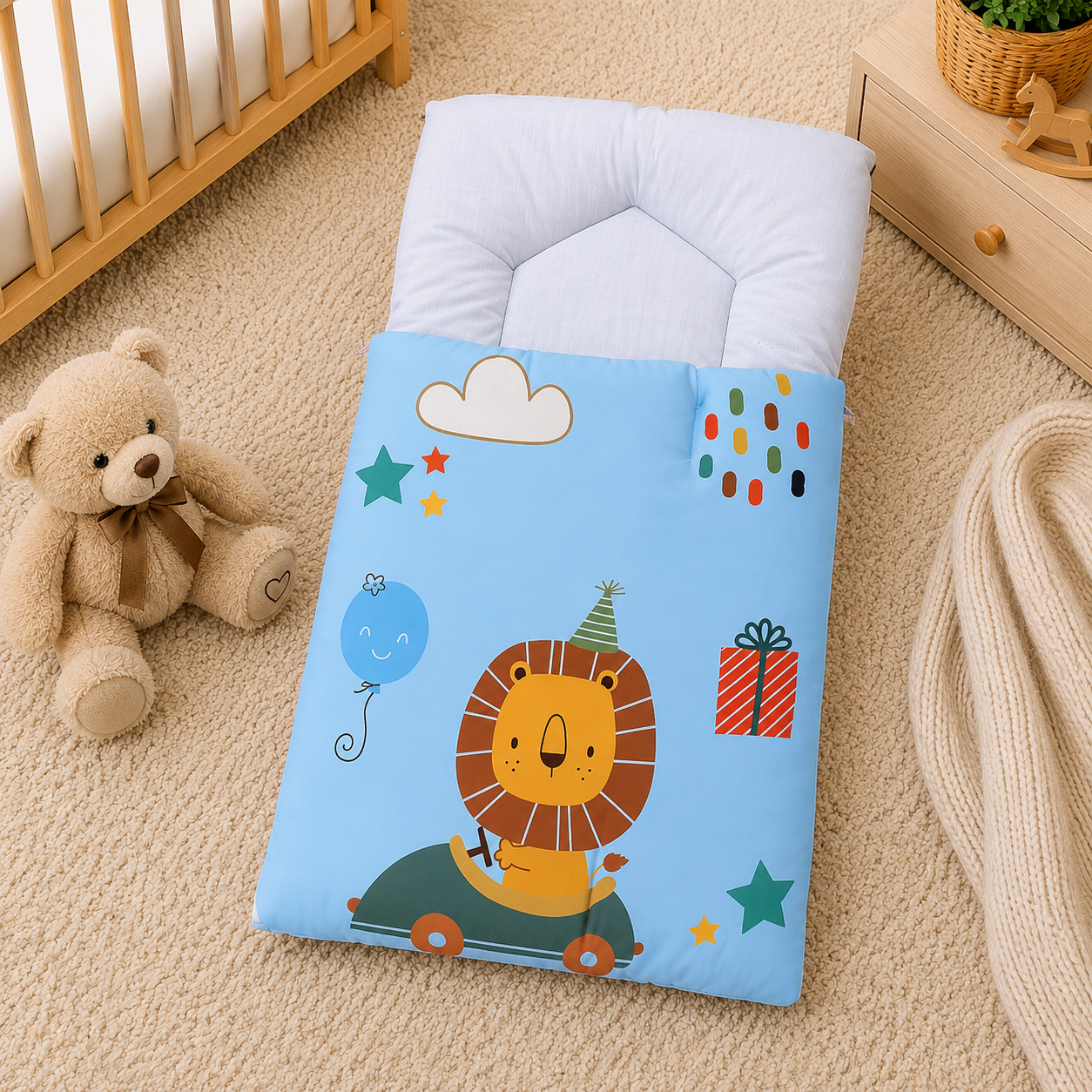LION PRINT COTTON POLYESTER BABY CARRY NEST - BLUE