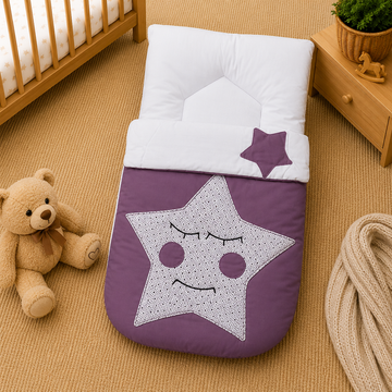 PREMIUM BABY HOODED SLEEPING BAG – STAR PATCHWORK DESIGN (PURPLE & WHITE)