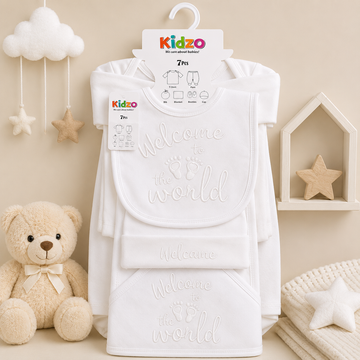 KIDZO 7 PCS NEWBORN BABY GIFT SET – WELCOME TO THE WORLD DESIGN (WHITE)