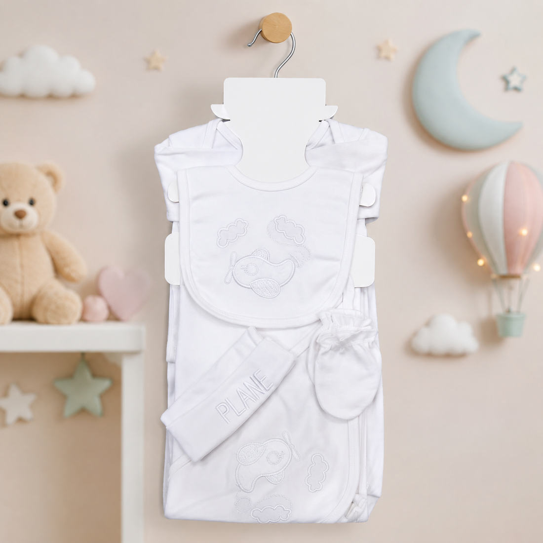 KIDZO 8 PCS NEWBORN BABY GIFT SET – AIRPLANE EMBROIDERED DESIGN (WHITE)