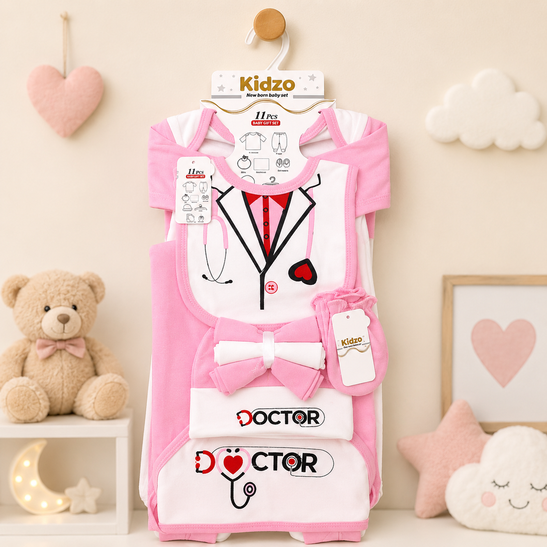 KIDZO 11 PCS NEWBORN BABY STARTER GIFT SET – DOCTOR EMBROIDERED DESIGN (PINK)