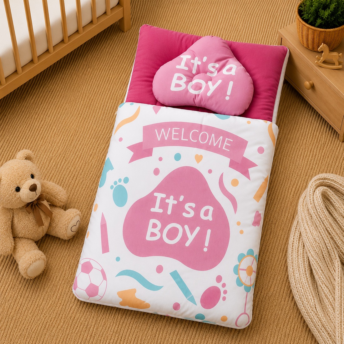 PREMIUM BABY BEDDING SET – PASTEL “IT’S A BOY” CELEBRATION DESIGN (PINK & WHITE)
