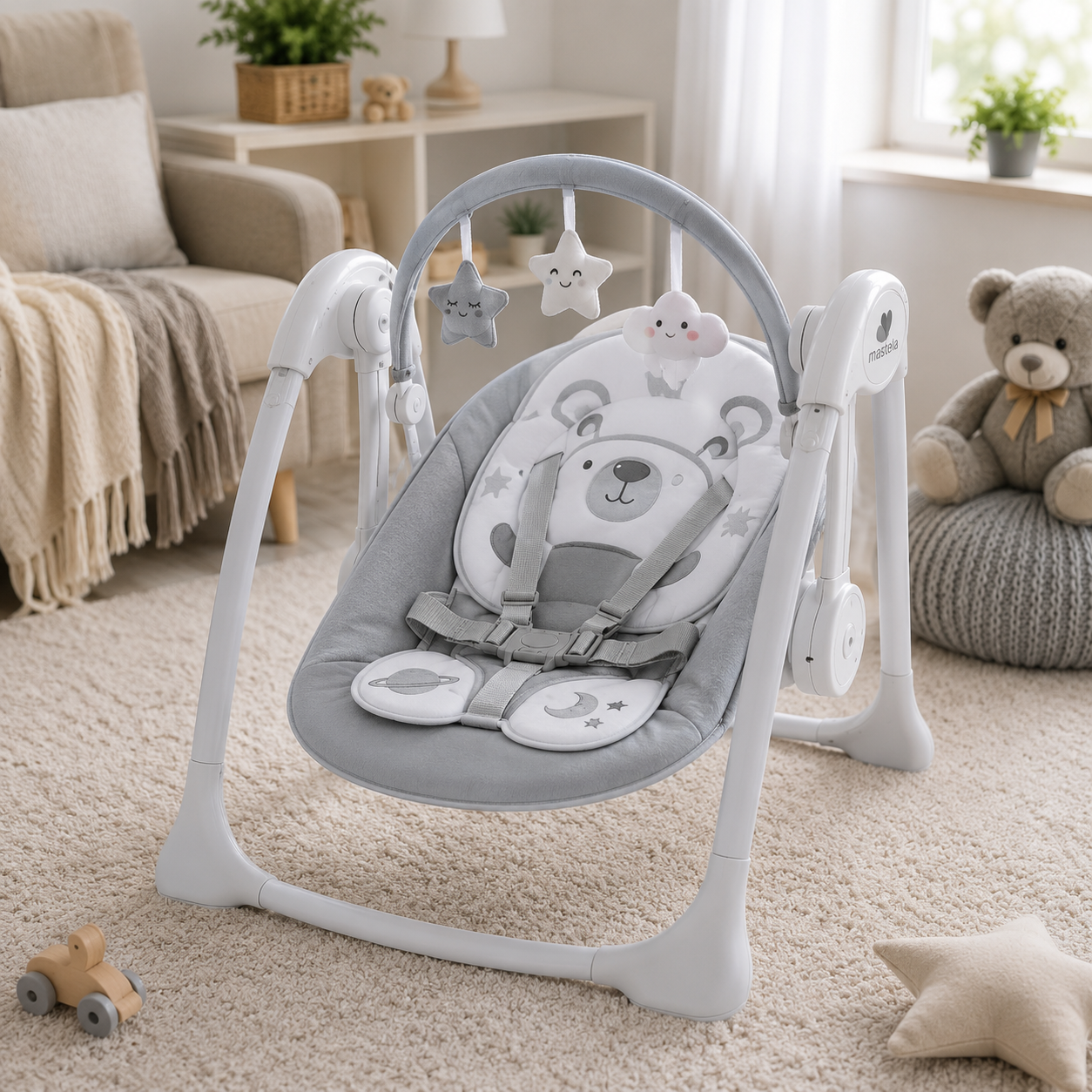 MASTELA BABY SOOTHING SWING WITH PLUSH BEAR SEAT - GREY
