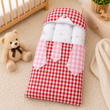 CHECKERED COTTON POLYESTER BABY CARRY NEST WITH SHIRT DESIGN - RED