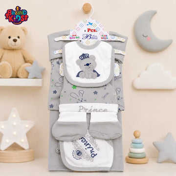 6 PCS NEWBORN BABY GIFT SET – PRINCE TEDDY EMBROIDERED DESIGN (GREY)