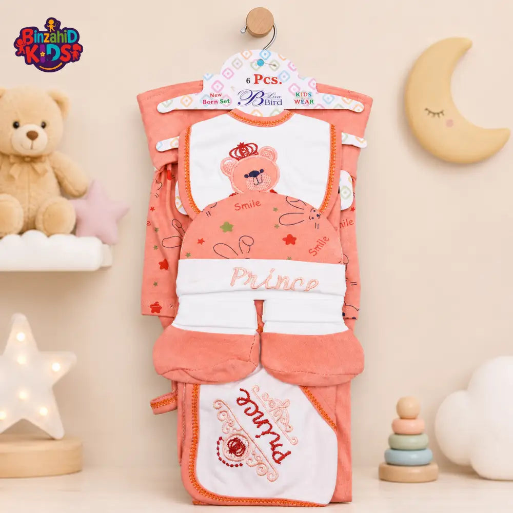 6 PCS NEWBORN BABY GIFT SET – PRINCE TEDDY EMBROIDERED DESIGN (PEACH)