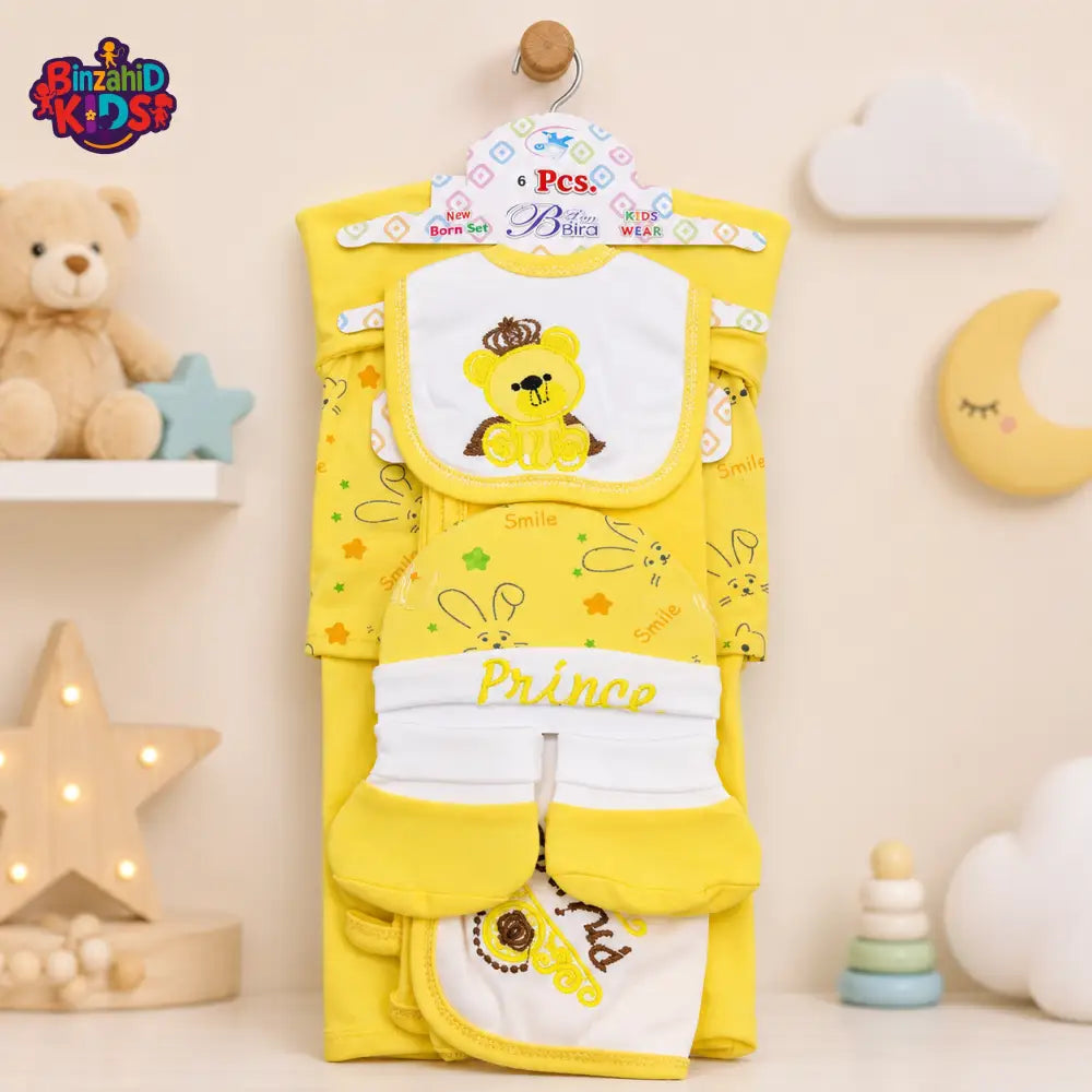 6 PCS NEWBORN BABY GIFT SET – PRINCE TEDDY EMBROIDERED DESIGN (YELLOW)