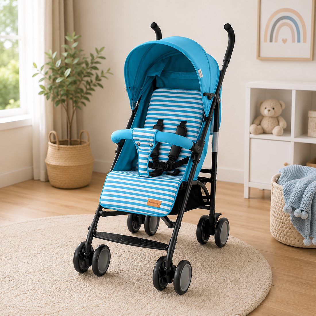 TINNIES BABY BUGGY STROLLER – GREEN STRIPED LIGHTWEIGHT & FOLDABLE BABY PRAM