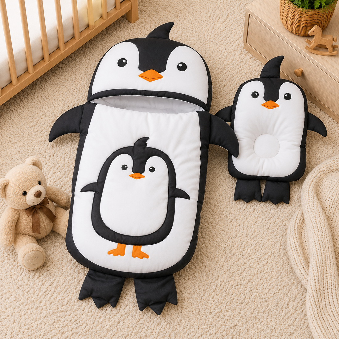 PENGUIN DESIGN COTTON POLYESTER BABY SLEEPING BAG WITH MATCHING PILLOW