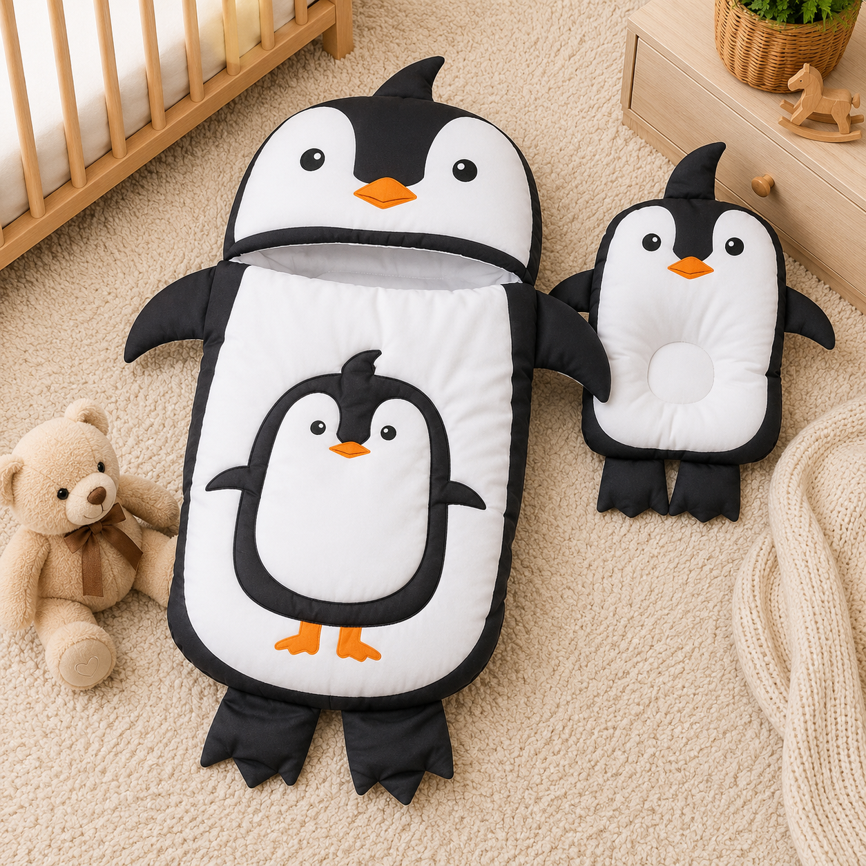 PENGUIN DESIGN COTTON POLYESTER BABY SLEEPING BAG WITH MATCHING PILLOW
