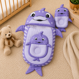 WHALE DESIGN COTTON POLYESTER BABY SLEEPING BAG WITH MATCHING PILLOW - PURPLE