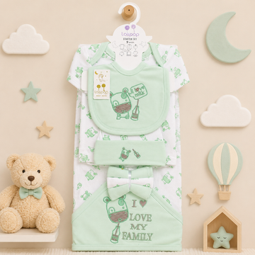 LOLYPOP 9 PCS NEWBORN BABY STARTER GIFT SET – I LOVE MY FAMILY EMBROIDERED DESIGN (MINT GREEN)