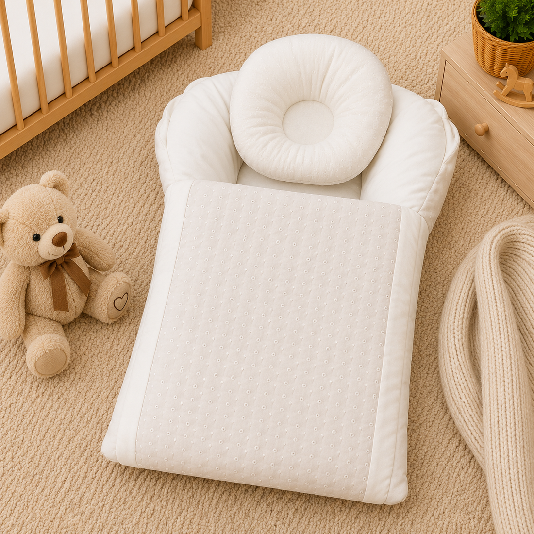 EMBROIDERED COTTON POLYESTER BABY BEDDING SET WITH DONUT PILLOW