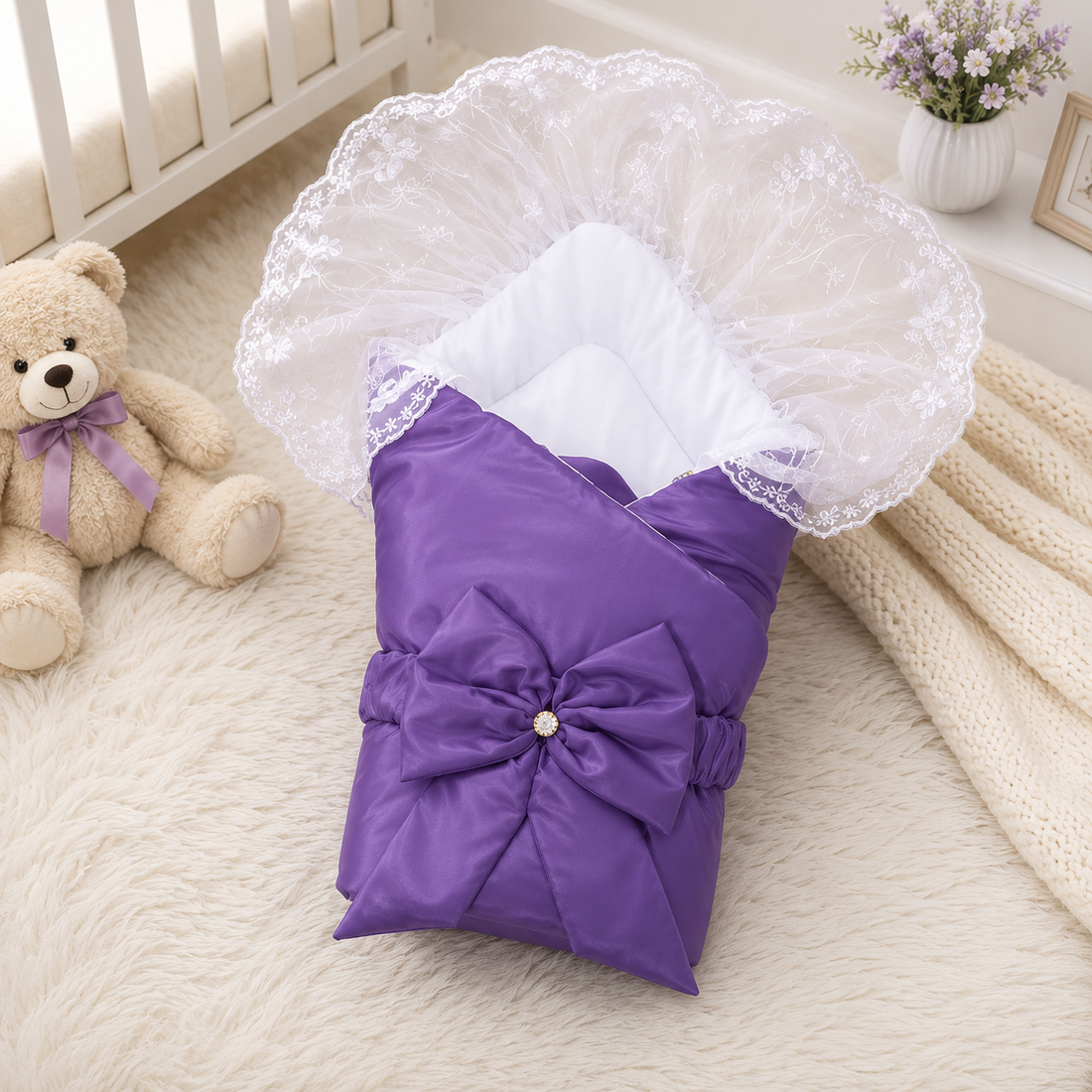 SATIN POLYESTER BABY CARRY NEST WITH LACE CANOPY - PURPLE