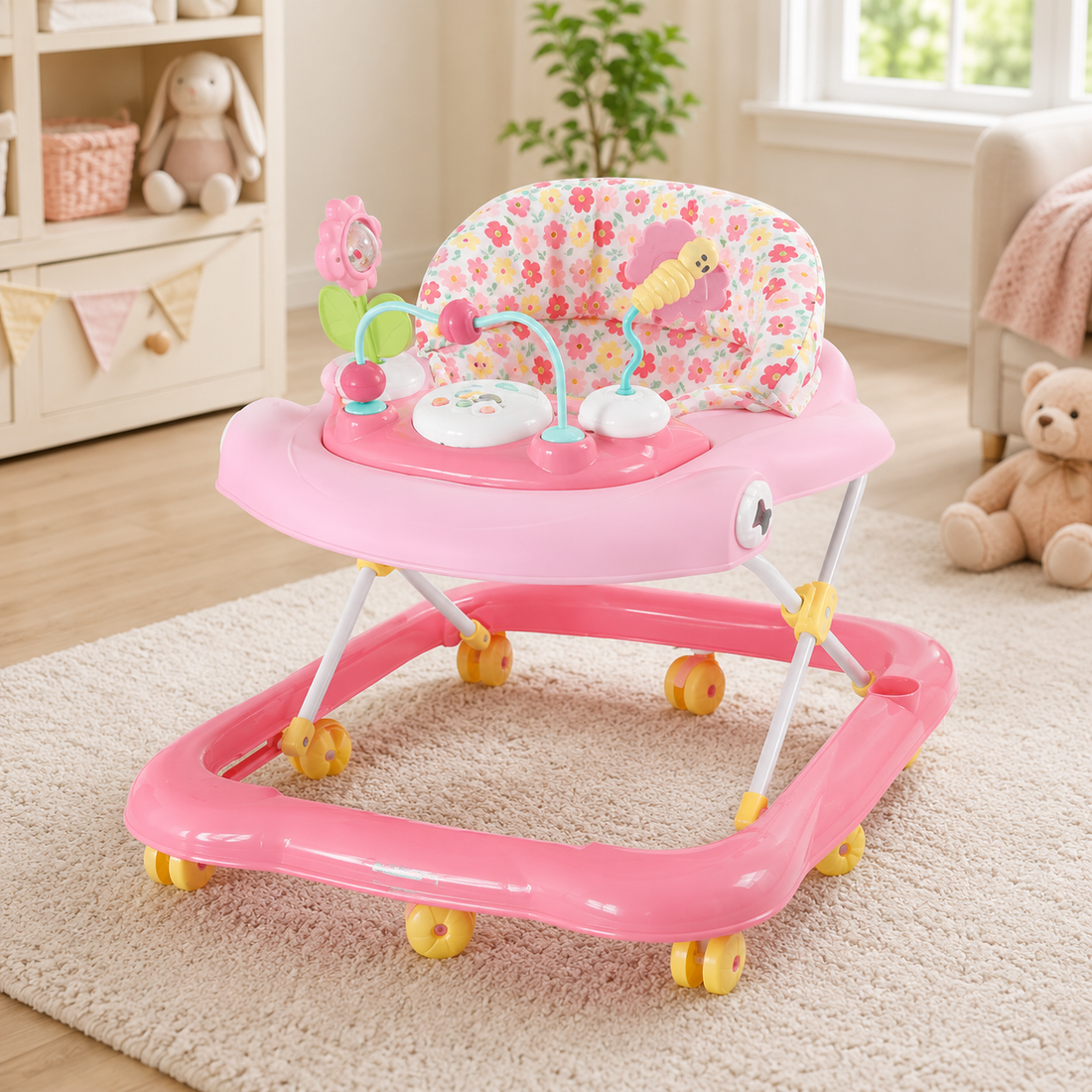 TINNIES PINK BABY WALKER – PADDED SEAT & TOY TRAY