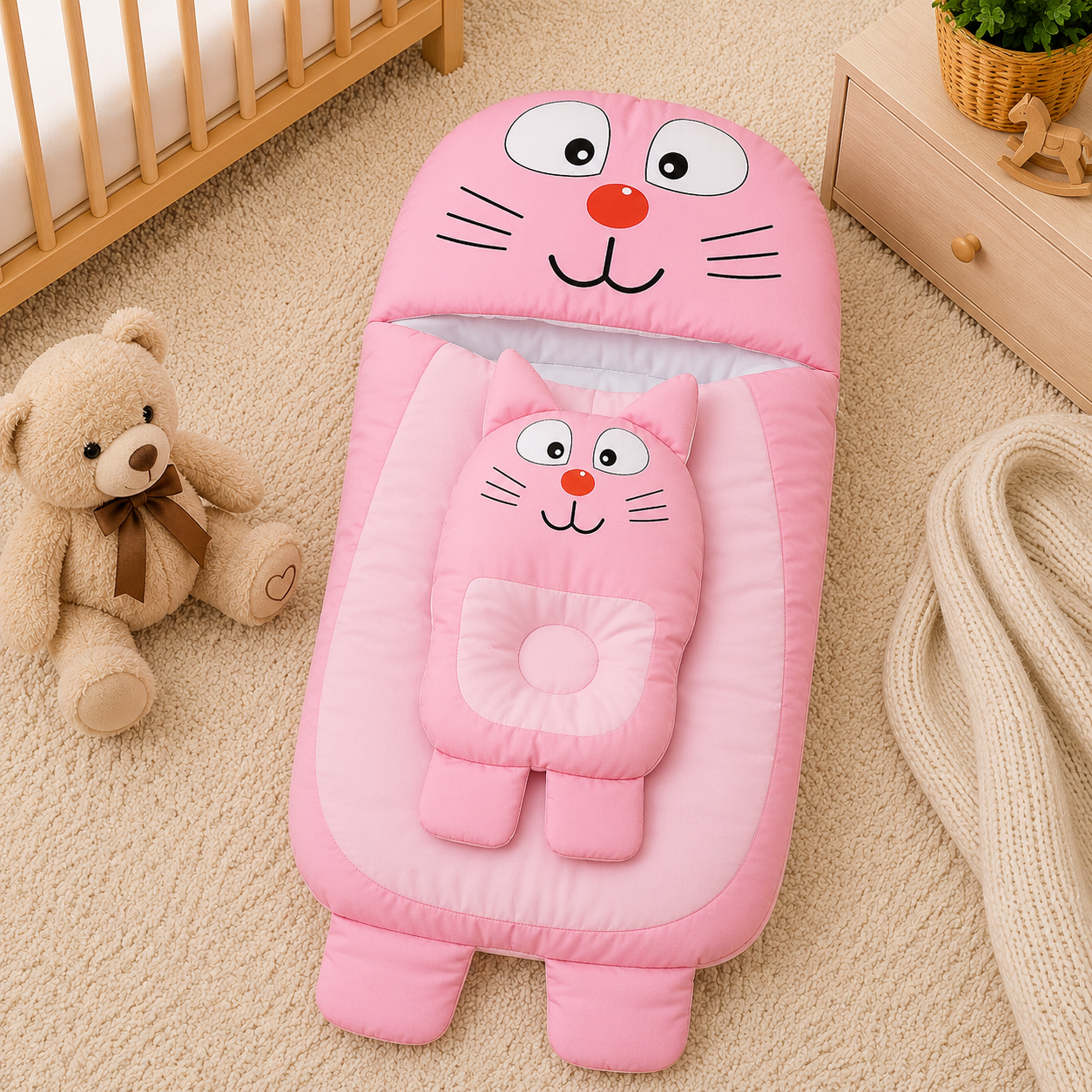 CAT DESIGN COTTON POLYESTER BABY SLEEPING BAG WITH MATCHING PILLOW - PINK