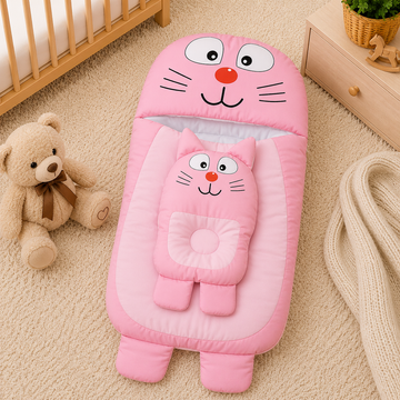 CAT DESIGN COTTON POLYESTER BABY SLEEPING BAG WITH MATCHING PILLOW - PINK
