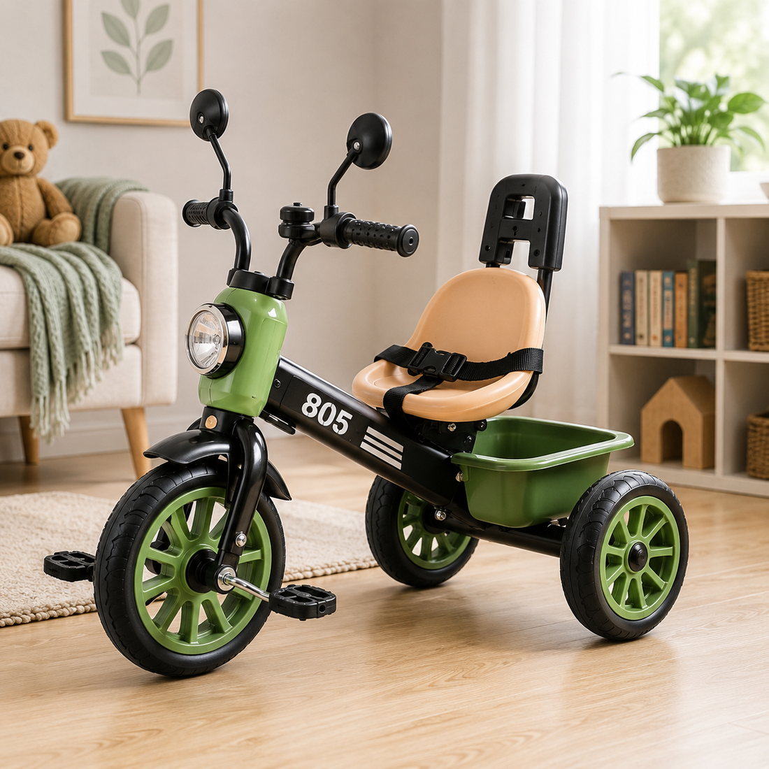 PREMIUM KIDS PEDAL TRICYCLE WITH CANOPY HANDLE - GREEN