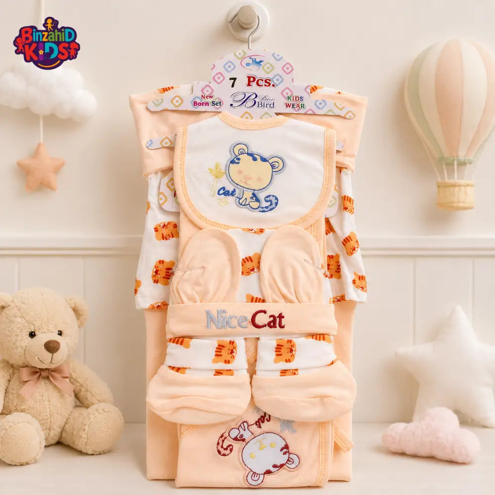 7 PCS NEWBORN BABY GIFT SET – CUTE KITTEN EMBROIDERED DESIGN (BEIGE)