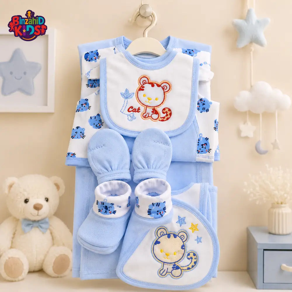 7 PCS NEWBORN BABY GIFT SET – CUTE KITTEN EMBROIDERED DESIGN (BLUE)
