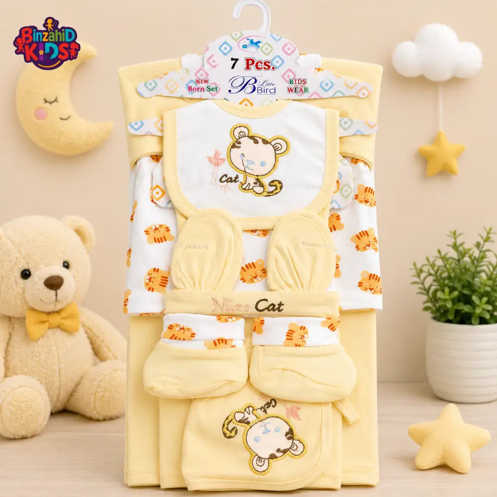 7 PCS NEWBORN BABY GIFT SET – CUTE KITTEN EMBROIDERED DESIGN (YELLOW)