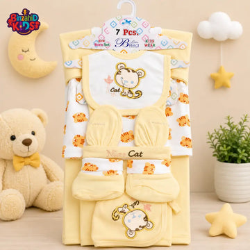 7 PCS NEWBORN BABY GIFT SET – CUTE KITTEN EMBROIDERED DESIGN (YELLOW)