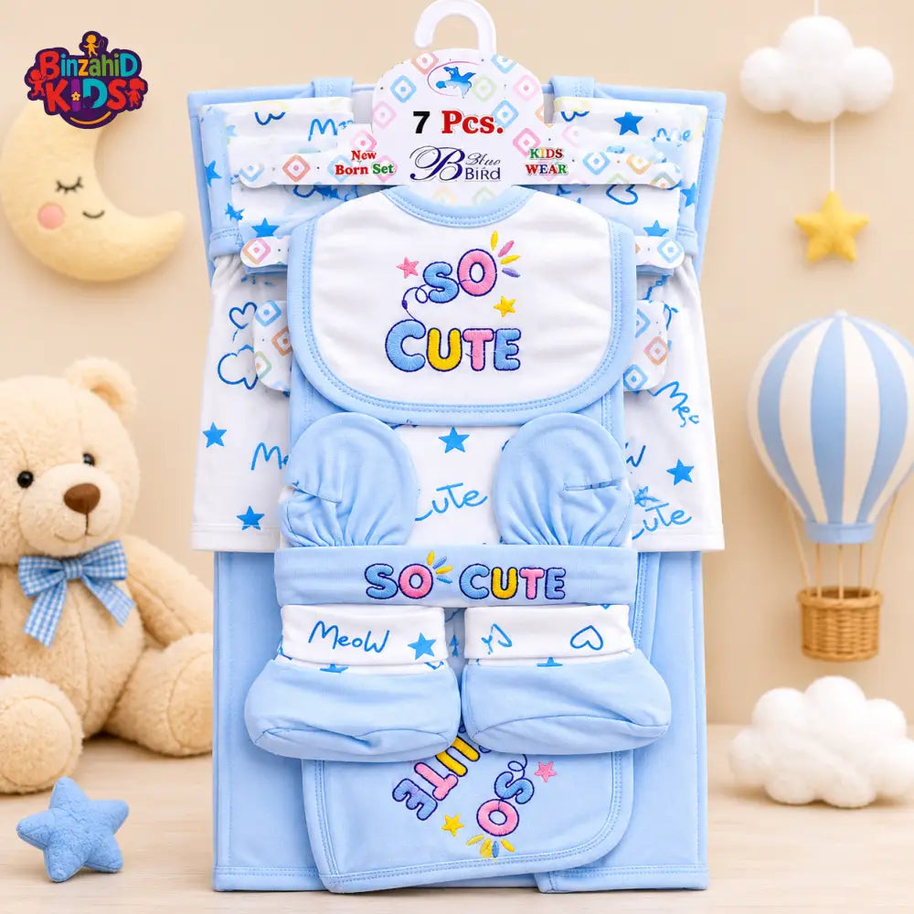 7 PCS NEWBORN BABY GIFT SET – SO CUTE EMBROIDERED DESIGN (BLUE)