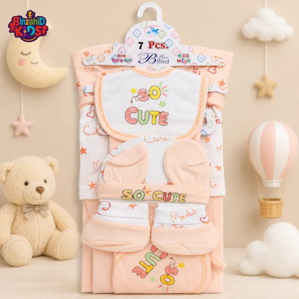 7 PCS NEWBORN BABY GIFT SET – SO CUTE EMBROIDERED DESIGN (PEACH)