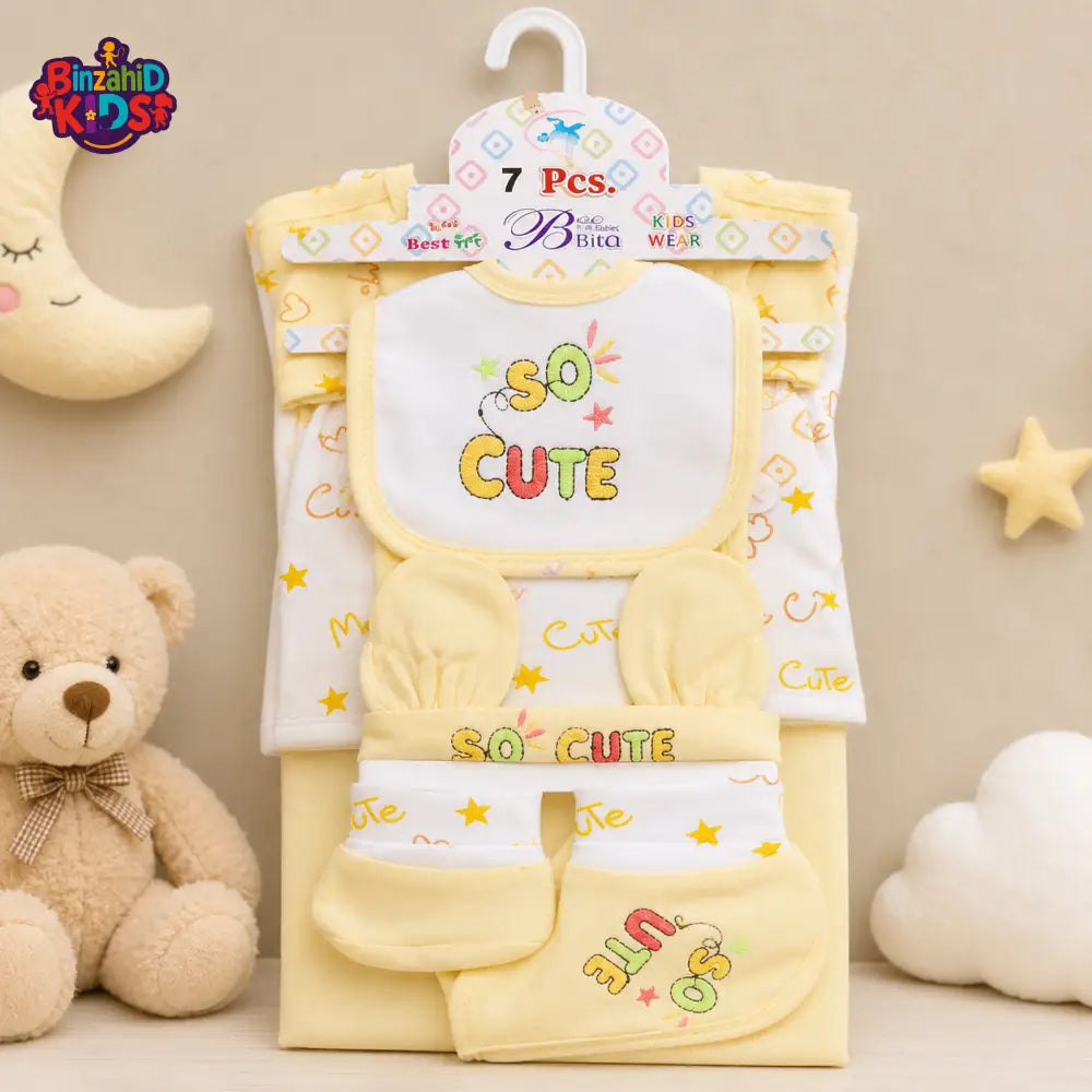 7 PCS NEWBORN BABY GIFT SET – SO CUTE EMBROIDERED DESIGN (YELLOW)