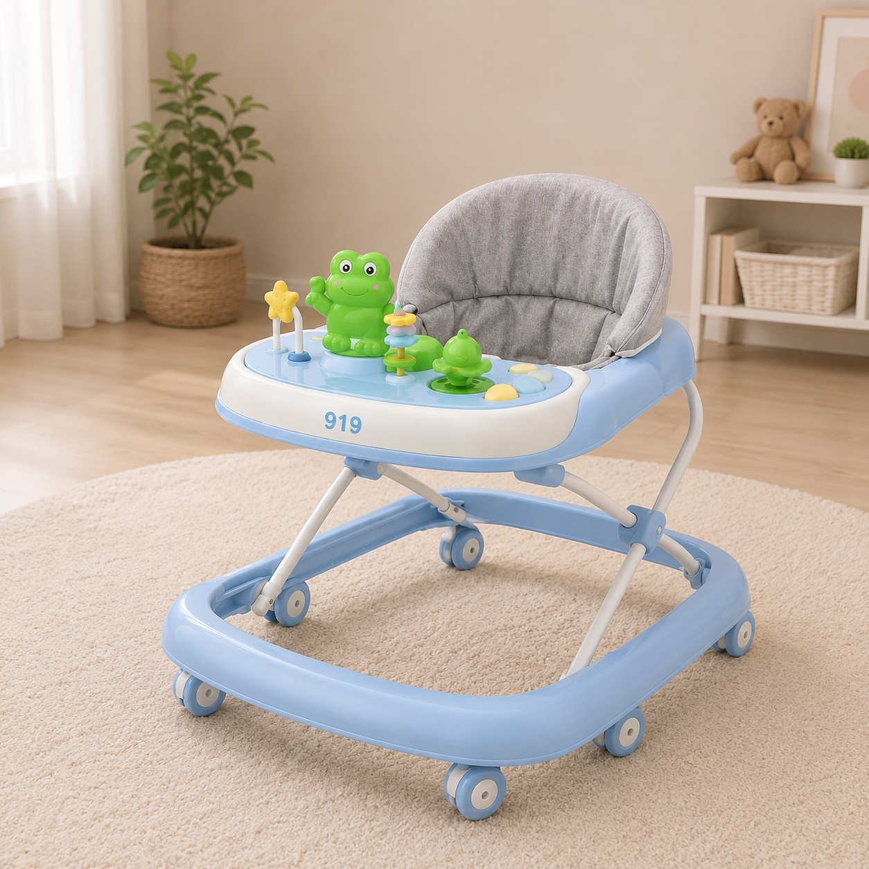 FOLDABLE BABY WALKER WITH ACTIVITY TRAY - BLUE