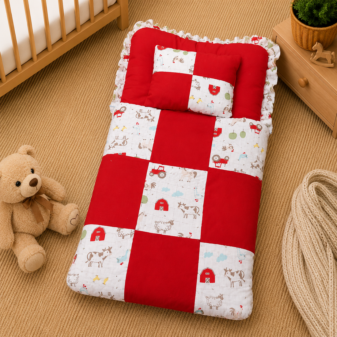 PREMIUM BABY BEDDING SET – FARMHOUSE PATCHWORK DESIGN (RED & WHITE)