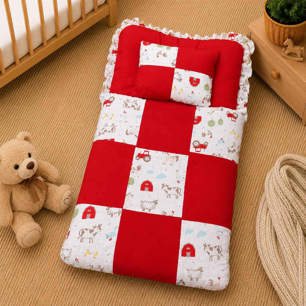 PREMIUM BABY BEDDING SET – FARMHOUSE PATCHWORK DESIGN (RED & WHITE)