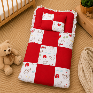 PREMIUM BABY BEDDING SET – FARMHOUSE PATCHWORK DESIGN (RED & WHITE)